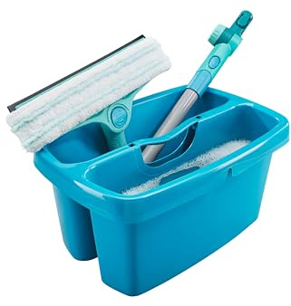 Leifheit Set de limpiacristales 4en1 FlexReach, limpiaventanas con Palo y Cubo, regleta de Goma y Palo de 43 cm de Longitud, rasqueta limpiacristales, aplicación 4en1, Almohadilla de Limpieza Lavable