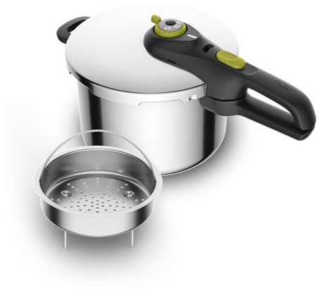 T-Fal Secure Stainless Steel Pressure Cooker, 6.3 Quart, Steam Basket, Induction, Secure Locking System, Easy and Safe Opening, Compatible with All Cooktops, Dishwasher Safe, Silver