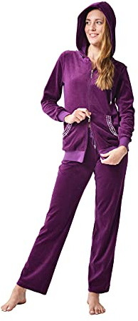 RAIKOU Damen Micro Velours Freizeitanzug Hausanzug mit Reißverschluss Nicki-Anzug Zweiteiliger Schlafanzug mit Strasssteinen (44/46, Lila Rot)