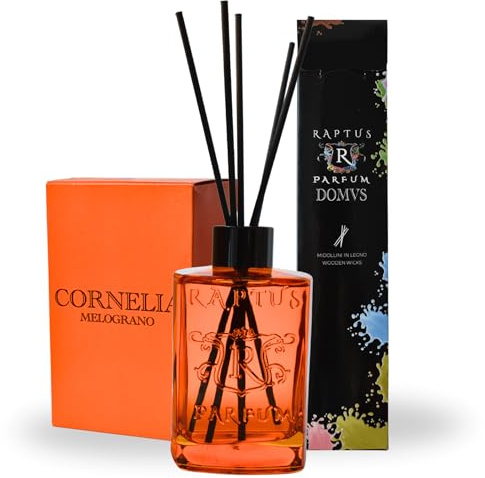 RAPTUS Cornelia Diffusore Profumo Ambiente 300ml con Bastoncini in Legno Naturale Fragranza al Melograno Dolce e Fruttata Bottiglia in Vetro Arancione Elegante Diffusore Profumato per Casa e Bagno