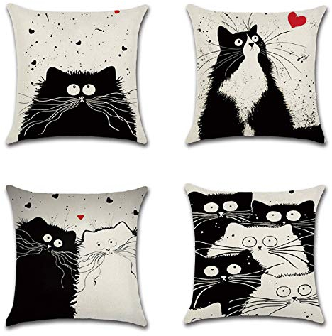 Neusky 4er Set Dekorativ Kissenbezug Katze Muster 45 x 45cm Sofa Büro Dekor Kissenhülle aus Baumwoll und Leinen (Katze-Familie)