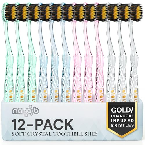 Nano-b Rainbow Pack de 12 cepillos de dientes manuales antibacterianos Carbón de bambú y dorado