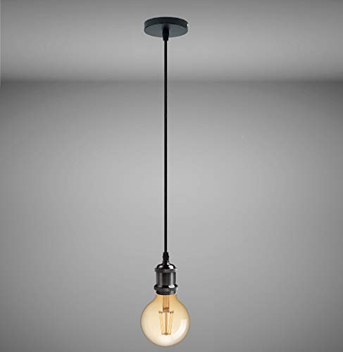 Trango 9000BL LED Retro Pendelleuchte in Schwarz inkl. 1x E27 4 Watt LED Amber *VINTAGE* Glühbirne 2500K warmweiß Gold farbig, industriell Hängelampe inkl. 110cm Textilkabel & Schraubring