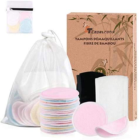 Reusable Makeup Remover Pads (24 Pack) with Facial Spa Headband Laundry Bag and Storage Bag | 100% Organic Washable Bamboo Cotton Pads for All Skin Types | Eco-Friendly Reusable Cotton Rounds