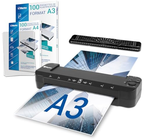 Plastifieuse A3 A4 A5 A6 A7 Pro Ultra Rapide à Chaud et à Froid jusqu’à 2x150 microns Température Réglable pour Usage Professionnel Intensif Pack avec 100 Pochettes A4 + 100 pochettes A3 + 1 Rogneuse