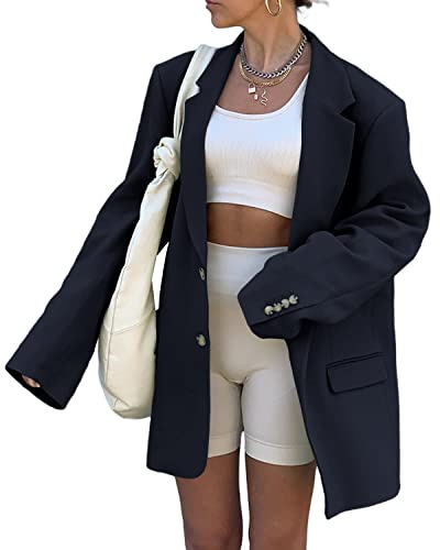 Grlasen Lässiger eleganter Damen-Blazer, langärmelig, übergroß, Revers, vorne offen, einfarbig, für Arbeit, Büro, Marineblau, XXL