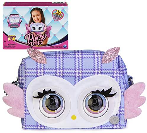 Purse Pets | BORSETTA PRINT PERFECT | versione Gufetta Viola Scozzese, oltre 30 effetti sonori e reazioni, giocattoli per bambine dai 4 anni in su