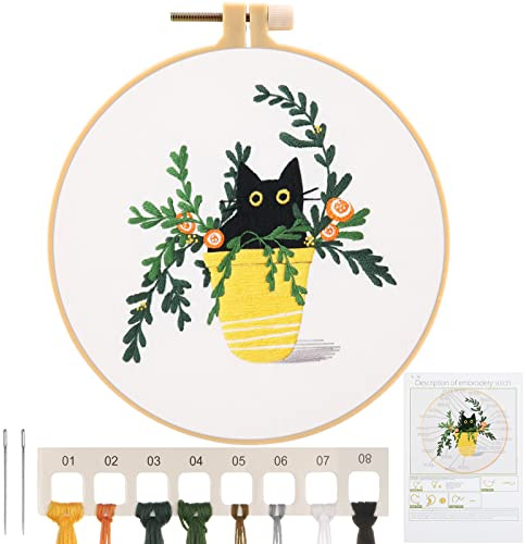 MWOOT Gato Kit de Inicio de Bordado,Juego de Punto de Cruz con Patrón e Instrucciones,Kit de Punto de Cruz para Principiantes