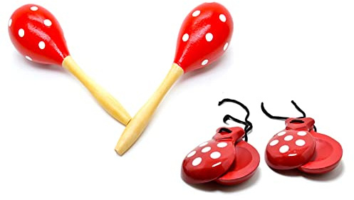 Maracas y castañuelas adultos rojo y blanco. conjunto musical completo de España, Color de Lunares, Colores Tradicionales españoles, Agitadores de Rumba Traqueteo Percusión de Mano