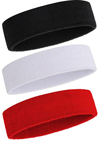 ONUPGO Schweißband Stirnband Männer & Frauen - 3 STÜCKE Sport Stirnbänder Feuchtigkeitstransport Athletisch Baumwollfrottee Schweißband Schweißabsorbierendes Stirnband 3 Black/White/Red