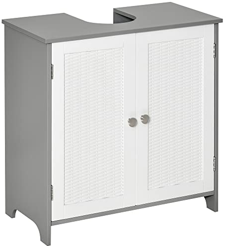 kleankin Meuble sous lavabo Meuble sous évier Meuble de Salle de Bain - Placard 2 Portes avec étagère - 60 x 30 x 60 cm - Gris Blanc