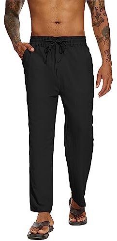 YAOBAOLE Pantalon Coton Lin Homme Yoga Décontracté Pantalons Toile Homme Leger Eté Pantalon Taille Elastique Placket Zipper