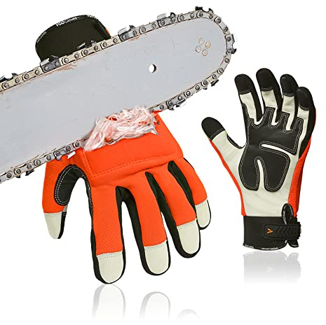 Vgo... Chainsaw Gloves, 12-Layer Saw Protection on Both Hands Back Cow Leather Gloves (1 Pair,XXL,Orange, CA9760)