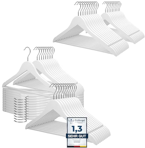 50 x Kleiderbügel Holz weiß VonBueren | 44,5 x 22 cm je Bügel/Holzbügel | Holzkleiderbügel Weiss | 360 Grad drehbar