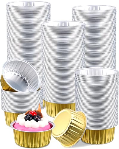 300 Pcs Patelai Aluminum Foil Cups 4.2 oz Mini Baking Cups Gold Cupcake Liners Disposable Ramekins Foil Muffin Pans for Pie Souffle Pudding Holder Wedding Birthday Party (Round)