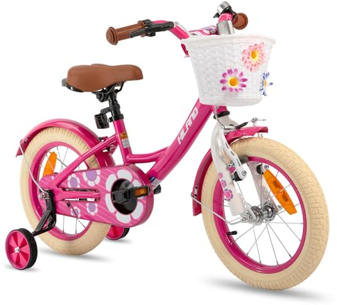 HILAND 12 Zoll Kinderfahrrad, 3-5 Jahre Mädchenfahrrad mit Korb und Stützrädern, Rosa