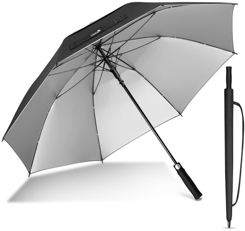 ZOMAKE Grand Parapluie De Golf 62 Pouces,Uv Parapluie De Golf à Double CanopéE VentiléE,Parapluie Golf RéSistant Au Vent à Ouverture Automatique Pour Hommes Femmes(Argent Noir)
