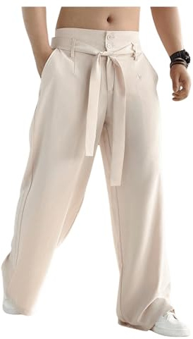GORGLITTER Men's Casual Wide Leg Pleated Dress Pants Elastic High Waisted Baggy Streetwear Trousers Business Casual Khaki Large