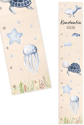 Bärenfreunde® - Personalisierte Messlatte Kind Holz zum Kleben oder Aufhängen - Skala 70-140cm - Süße Dekoration für Baby- & Kleinkinderzimmer (Kinder 70-140cm, Schildkröte blau)