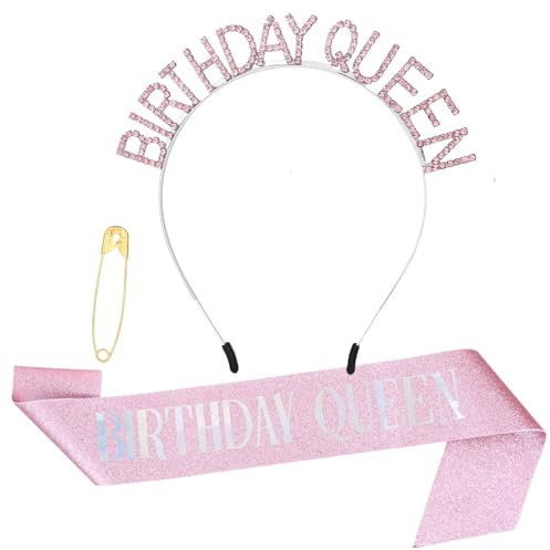 TIESOME Geburtstagskrone Geburtstagsschärpe, Kristall Tiara Geburtstag Krone Queen Schärpe mit Birthday Queen Happy Birthday Zubehör für Frauen Feiern Party Abschlussball(Rosa)