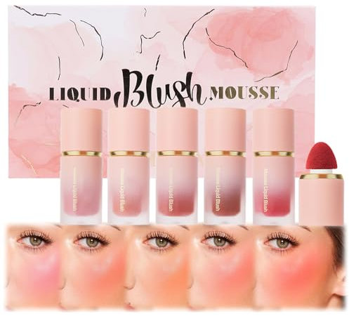 5-Color Cream Blush Set for Cheeks - Skin Tint Liquid Blushers for Mature Skin. Lightweight, Breathable, Dewy Finish. Smudge-proof, Makeup Gift for Women