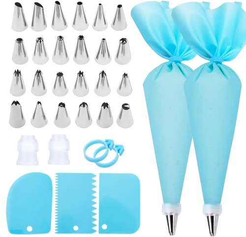 FATUXZ Piping Bags and Tips Set, Cake Decorating Kit with 2 Reusable Piping Bags, 24 Icing Tips, 2 Couplers, 3 Scrapers 2 Silicone Rings, Cupcake Decorating Kits Cake Piping Tips Frosting Piping Kit