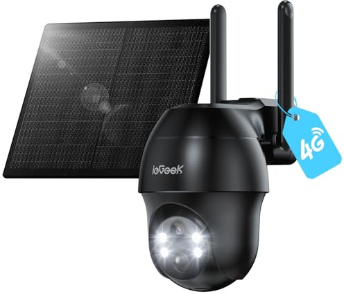 ieGeek 4G Telecamere da Esterno senza Fili, 2K 3MP Telecamera Pannello Solare con Sim, Batteria 10000mAh,PTZ 360°,Rilevamento PIR, Visione Notturna a Colori,IP65,senza WiFi