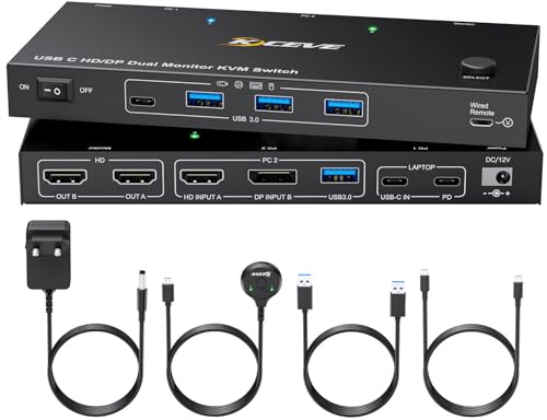 YOUTINGHDAV KVM Switch for 2 PCs and 2 Monitors, USB-C Dual Screen With MST Dual 4K@60Hz, PD 60W, HDMI DP With Wired