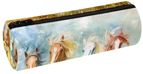 VAPOKF Trousse à crayons en cuir synthétique avec imprimé chevaux de course peints pour étudiants, papeterie, trousse de maquillage pour femmes, filles, garçons, enfants, fournitures scolaires et de