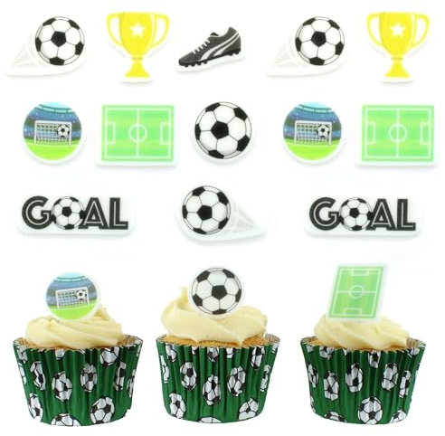 Culpitt Football Sugar Decorations | 32 Edible Cupcake Toppers | Printed Fondant Cake-Decorations, Balls, Boots, Trophy Cups, & Goals - 32 Pack