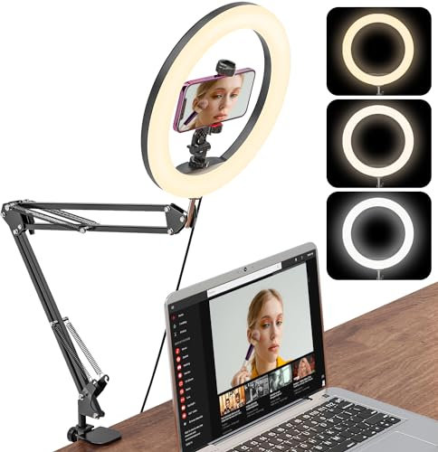 Jubor Luz de Anillo con Soporte y Soporte para Teléfono, 10 Luz de Anillo para Escritorio, Luz de Vdeoconferencia con Soporte de Brazo de Escritorio para Youtube, TiKTok, Selfie, Maquillaje