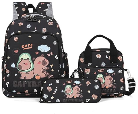 Ansamy 4pcs Capybara Cartable Fille Primaire Sac à Dos Enfant Sac d'ecole avec Trousses Scolaire Lunch Box Portefeuille Cadeau Rentrée Scolaire pour CP CE1 CE2 CM1 CM2 Fille Garcon (Rose)
