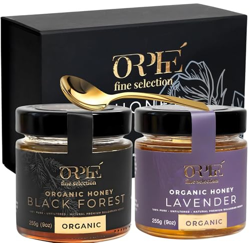 Orphe Luxury Organic Honey Gift Set(17oz), Lavender & Forest with Gold-Plated Spoon, Raw Bulgarian Honey Gift Box, Natural Sweetener for Coffee, Tea, Matcha and Breakfast (Valentine)