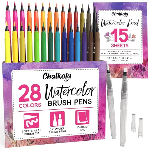 Chalkola Watercolor Brush Pens for Lettering, Coloring, Calligraphy - Set of 28 Watercolor Pens, 15 Painting Pad & 2 Markers - Drawing Art Supplies for Adults, Professional Artist