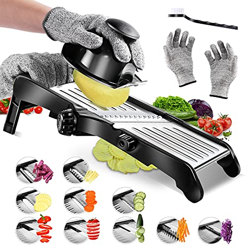 Masthome Mandoline Inox Professionnelle, Coupe Legumes avec Lames Réglables, du Papier Fin à 9 Mm, Mandoline Cuisine pour Nourriture, Légumes, Juliennes, Fruits, avec Brosse de 1 Nettoyage et 1 Gants