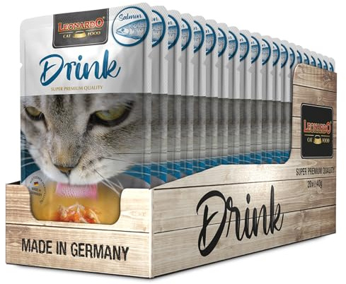 Leonardo Drink Salmon [20x40g Multipack Varietà Drink con salmone] Bevanda per gatti | Brodo di carne senza cereali con strisce di carne | Alimento complementare per gatti