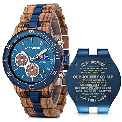 2win Mens Personalized Engraved Wooden Watches Fashion Multifunction Custom Watch Birthday Anniversary Wood Watches for Husband Boyfriend Dad Him Son with Gift Box (A-to My Husband)