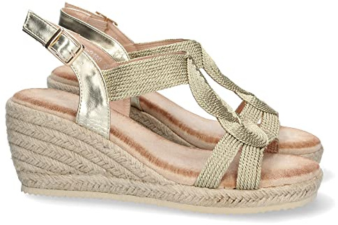 shoes&blues.es 71900 Sandalia de Cuna para Mujer, Comodo, Forrado de Yute, con Pala en T, y Cierre de Hebilla, Primavera Verano 2023 Oro Talla 41
