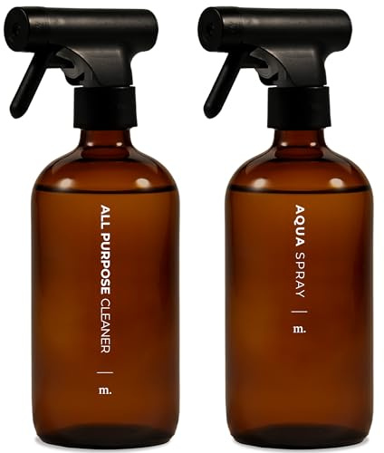 MaisoNovo Bote Spray Pulverizador Agua Peluqueria De Cristal - 500 ml Botella Spray Pulverizador De Agua Para La Limpieza, Peluquería Y Plantas - 2 x Recargable Botella Ámbar Con 16 Etiquetas