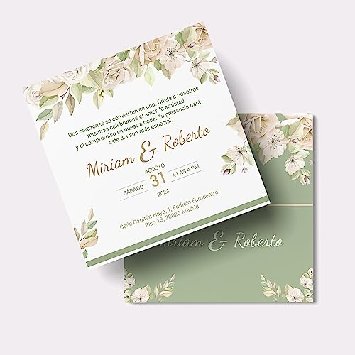 Invitaciones Boda Personalizadas – Detalles para Invitados de Boda – 15x15cm Personalizable con Fecha, Nombres y Texto - 25,50 o 100 unidades para Ceremonia Compromiso – 8 Modelos (Modelo 7)