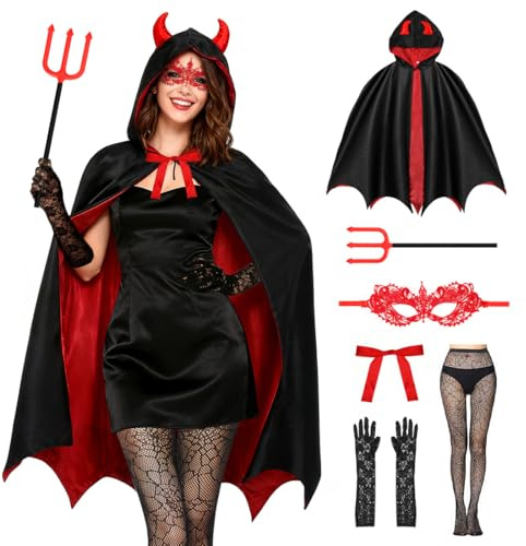 Meleager Déguisement Diable Femme, Costume Halloween avec Cape Noire Rouge, Baton du Diable, Cache-œil et Gants en Dentelle, Collants Spider, Deguisement Sorcière pour Halloween, Carnaval