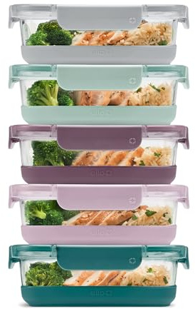 Ello Duraglass 3.4 Cup Meal Prep Sets, 10 Piece, 5-Piece Set, Glass Food Storage Containers with Silicone Sleeve and Airtight BPA Free Plastic Lid, Dishwasher Safe
