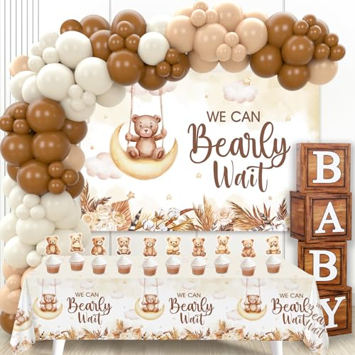 DataMoon Teddy Bear Baby Shower Decorations - Baby Boxes with Letters,Boho Balloons,We Can Bearly Wait Backdrop,Cake Topper,Tablecloth for Baby Shower,Gender Reveal Party Supplies