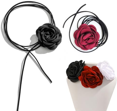 2 Pcs Elegant Rosen-Choker und Blumen Halskette Gothic für Frauen, Mädchen, Braut - Stoff-Halsketten für Hochzeit Party Geburtstag (Schwarz Rot)