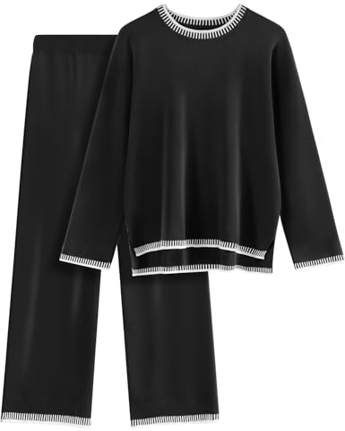 TOMEEK Conjunto Punto Mujer Dos Piezas Casual Chandal Completo Mangas Largas Tejido y Pantalones Suelto Cómodo Moda Conjunto De Pijama Salón Deportivo Color Sólido(Negro,XL)