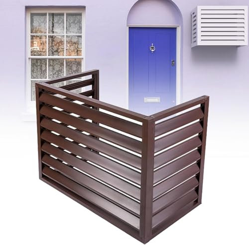 Outdoor Air Conditioner Cover Privacy Fence All Weather Anti-Theft Heavy Duty Aluminum Air Conditioner Cover Freestanding Room Divider with Slats Barrier Fence for Pool Equipment Brown