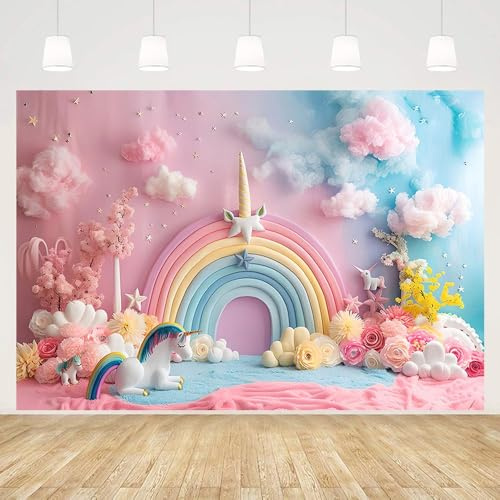 MEHOFOND Toile de fond rose pour photographie d'anniversaire 2,1 x 1,5 m - Licorne Gouache Nuages Rainbow Poney Fleur Étoile Dot Fond Baby Shower Cake Smash Enfants Anniversaire Fête Décoration
