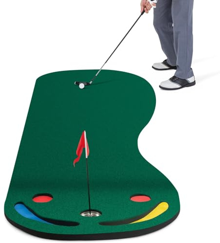 COSTWAY Golfputtingmatta 300 x 96 cm Par 3 Puttinggrön Inomhus Utomhus Vikbar Med 3 Puttkoppar 1 Flagga Golfträningsmatta För Hem Kontor