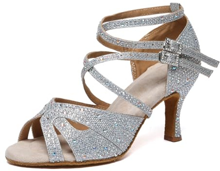 MINITOO Zapatos de baile latinos estándar para mujer, para bodas, bailes, L602 Plata 7 5 cm Tacón, 39 EU
