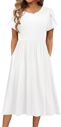 HOTOUCH Women's Elegant Tunic Dress, Round Neck, Casual Ladies Dresses, Midi, Short Sleeve, Puff A Line, Classic Midi Dress with Pockets, Maxi Party, White, M